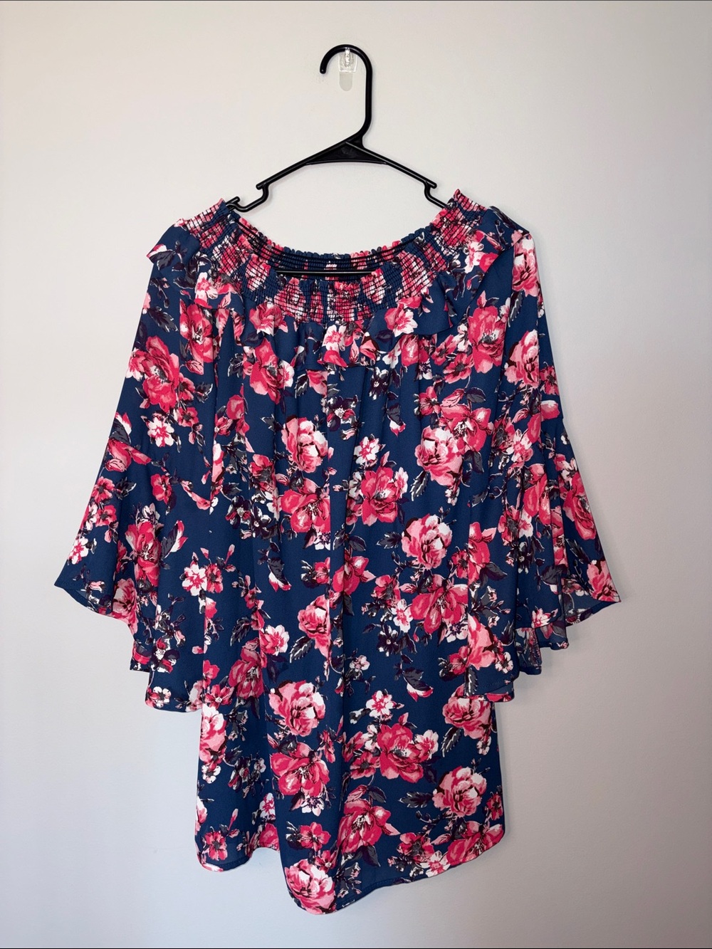 Altar'd State Navy Blue Floral Bell Sleeve Blouse with Pink Flowers Medium